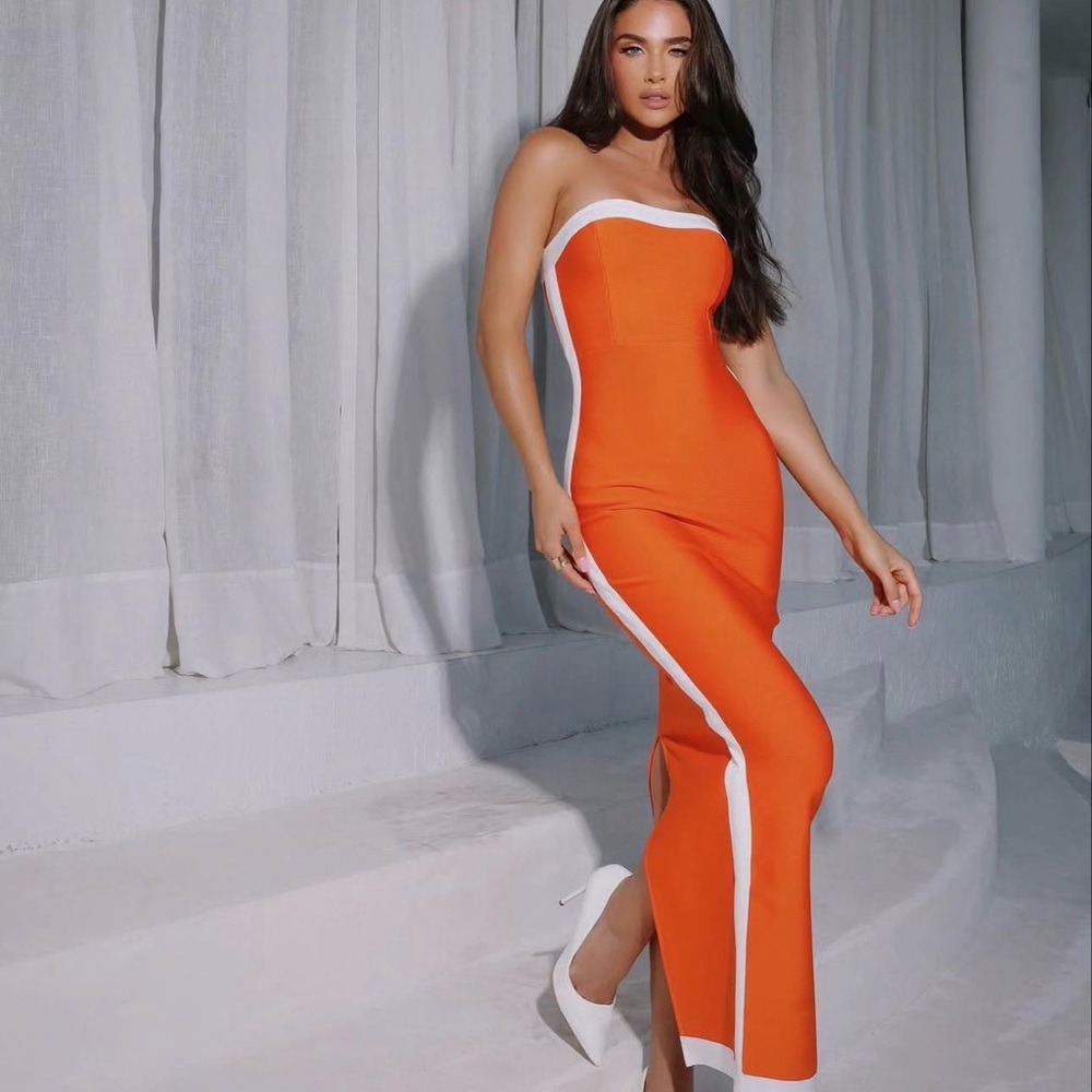 Posh Orange Strapless Maxi Dress with White Side Trim